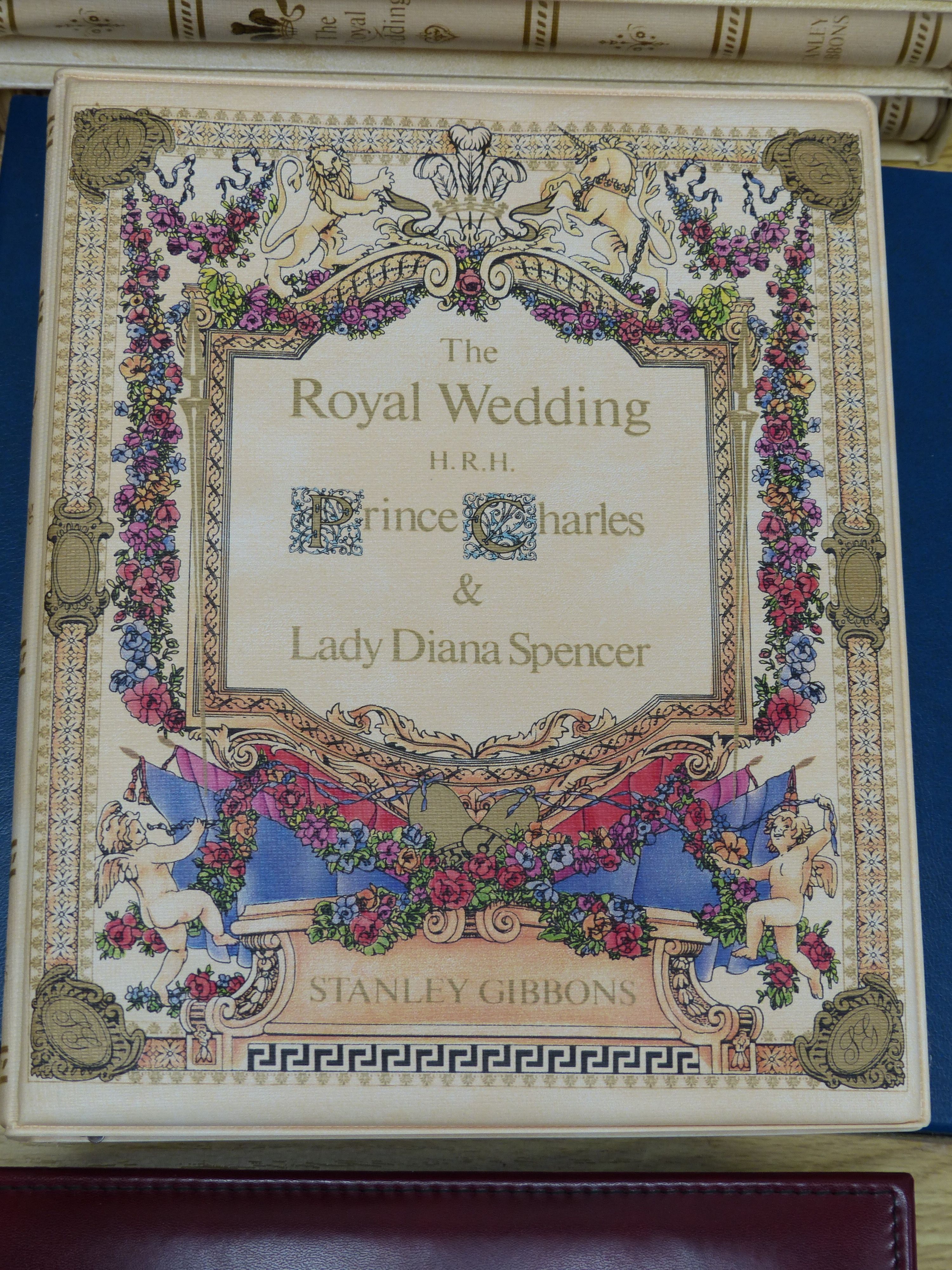 Four Stanley Gibbons Charles and Diana Royal Wedding commemorative stamps albums, three other albums, First Day covers, etc.